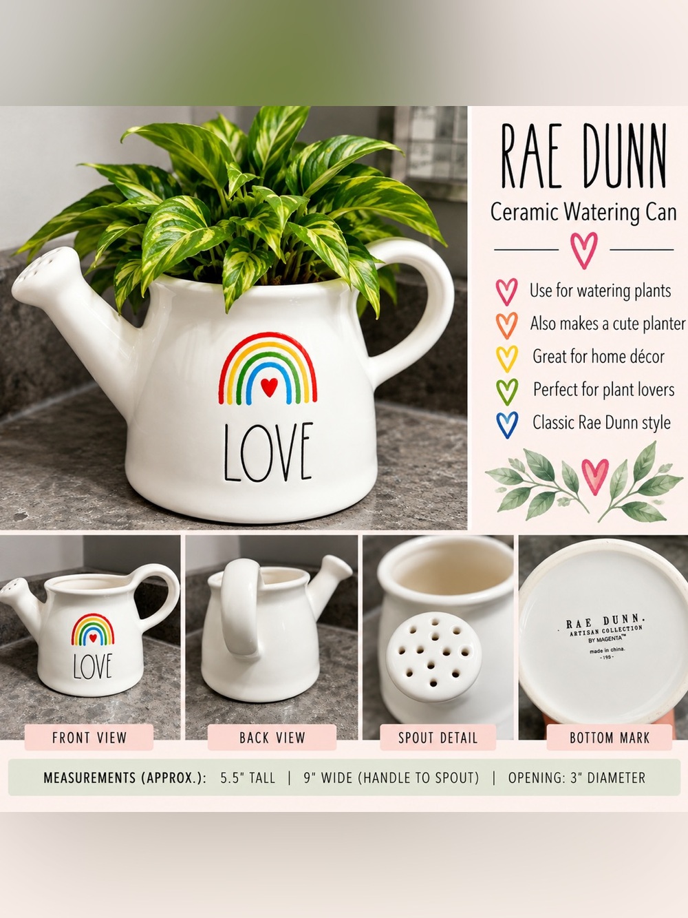 Rae Dunn White Ceramic Watering Can with Rainbow and LOVE